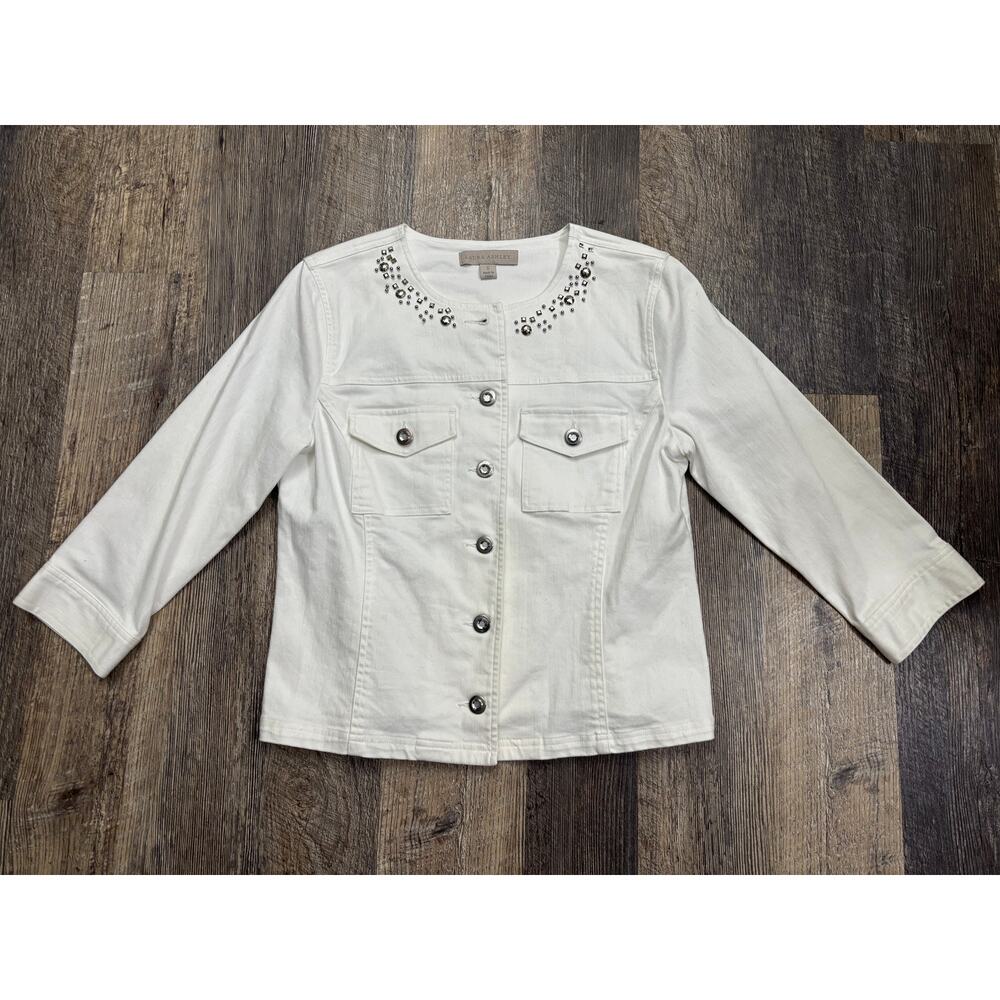 Laura Ashley Womens White Studded Rhinestone Denim Style Jacket Stretch Small